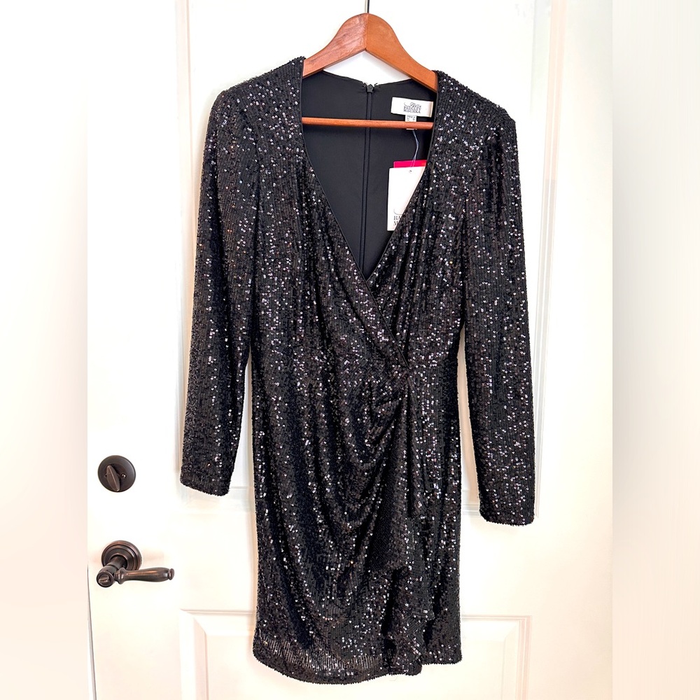 Badgely Mischka Black Sequin Wrap Dress - NWT - Size 6